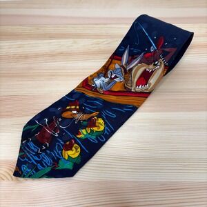 VTG 93 Looney Tunes Mania Silk Tie Fishing Bugs Bunny Daffy Duck Taz Warner Bros